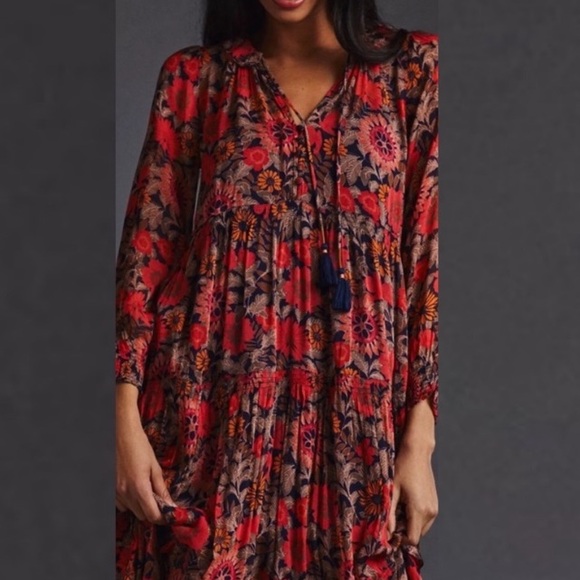 Anthropologie The Marais Red Floral Chiffon Maxi Dress XSP Boho Tiered - Picture 2 of 15